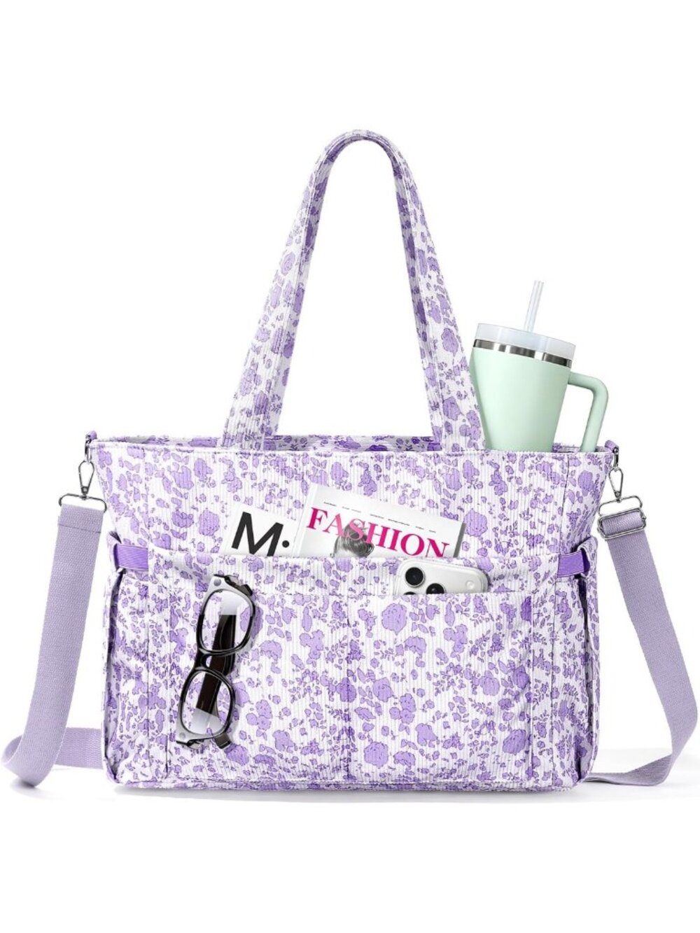 Large Capacity Corduroy Tote Bag for Women - 17 Pockets & 40oz Cup Holder
